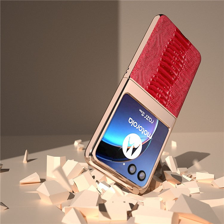 For Motorola Razr 40 Ultra 5G Crocodile Texture Thin Cover Genuine Cow Leather + PC Electroplating Phone Case - Red