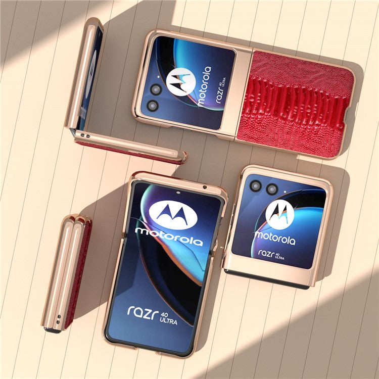 For Motorola Razr 40 Ultra 5G Crocodile Texture Thin Cover Genuine Cow Leather + PC Electroplating Phone Case - Red