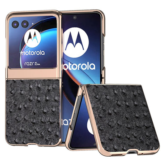 For Motorola Razr 40 Ultra 5G Shockproof Ostrich Texture Case Genuine Cow Leather + PC Electroplating Phone Cover - Black