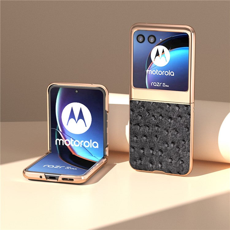 For Motorola Razr 40 Ultra 5G Shockproof Ostrich Texture Case Genuine Cow Leather + PC Electroplating Phone Cover - Black