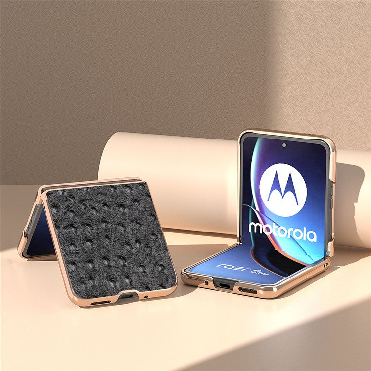 For Motorola Razr 40 Ultra 5G Shockproof Ostrich Texture Case Genuine Cow Leather + PC Electroplating Phone Cover - Black