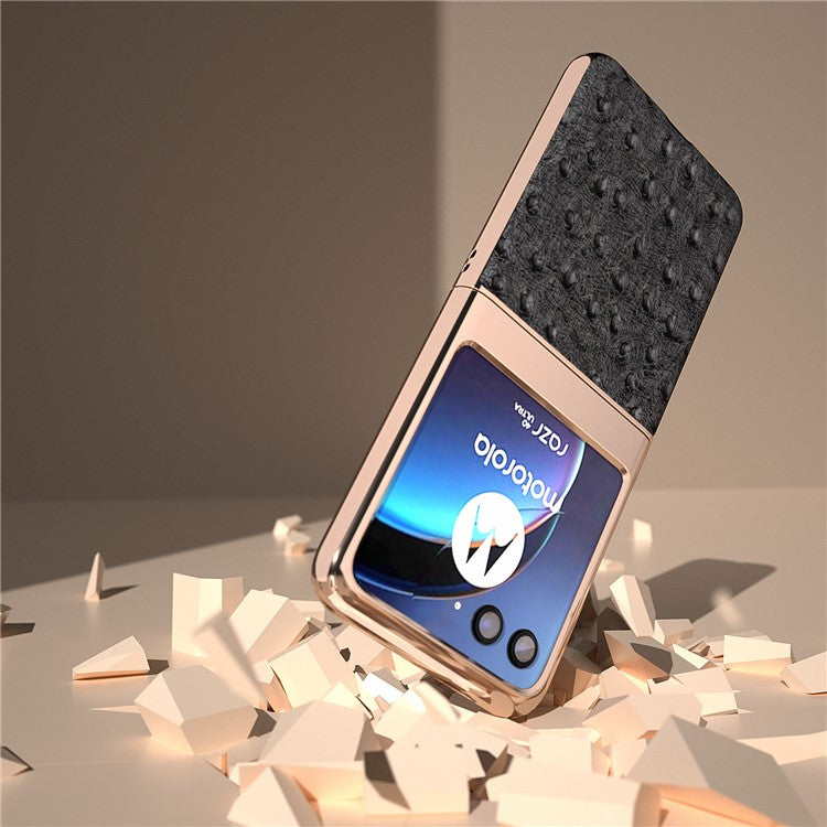 For Motorola Razr 40 Ultra 5G Shockproof Ostrich Texture Case Genuine Cow Leather + PC Electroplating Phone Cover - Black