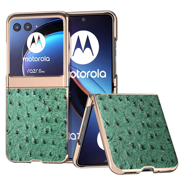 For Motorola Razr 40 Ultra 5G Shockproof Ostrich Texture Case Genuine Cow Leather + PC Electroplating Phone Cover - Green