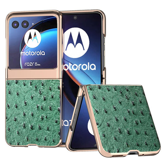 For Motorola Razr 40 Ultra 5G Shockproof Ostrich Texture Case Genuine Cow Leather + PC Electroplating Phone Cover - Green