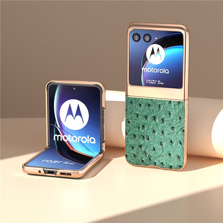 For Motorola Razr 40 Ultra 5G Shockproof Ostrich Texture Case Genuine Cow Leather + PC Electroplating Phone Cover - Green