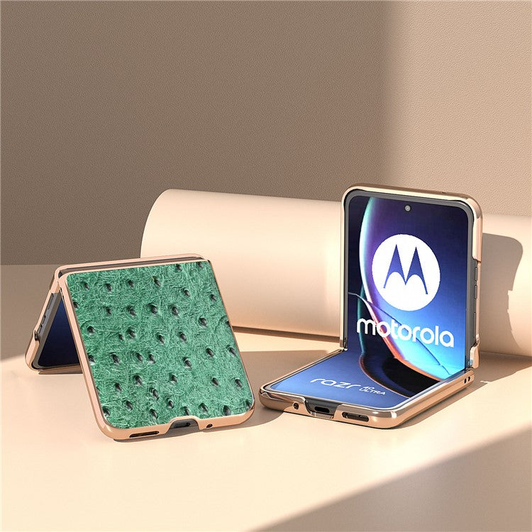 For Motorola Razr 40 Ultra 5G Shockproof Ostrich Texture Case Genuine Cow Leather + PC Electroplating Phone Cover - Green