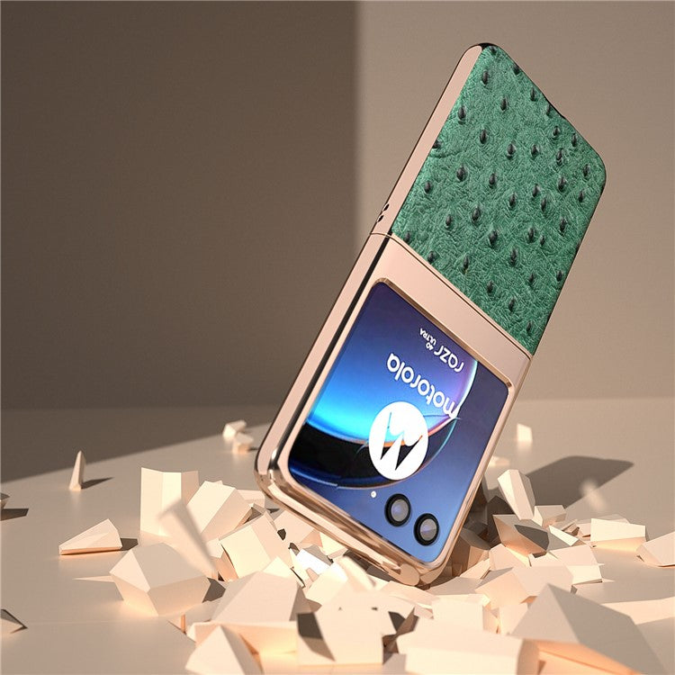 For Motorola Razr 40 Ultra 5G Shockproof Ostrich Texture Case Genuine Cow Leather + PC Electroplating Phone Cover - Green