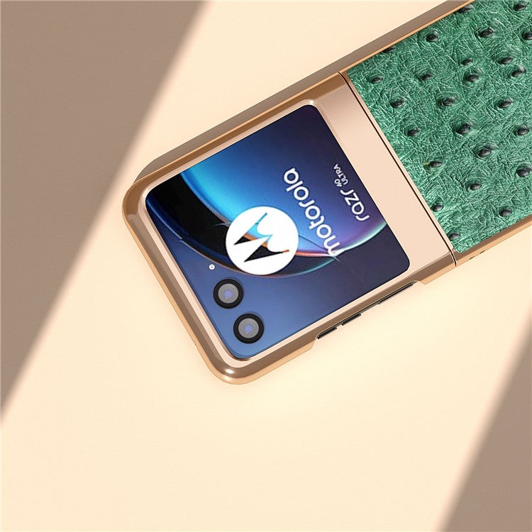 For Motorola Razr 40 Ultra 5G Shockproof Ostrich Texture Case Genuine Cow Leather + PC Electroplating Phone Cover - Green