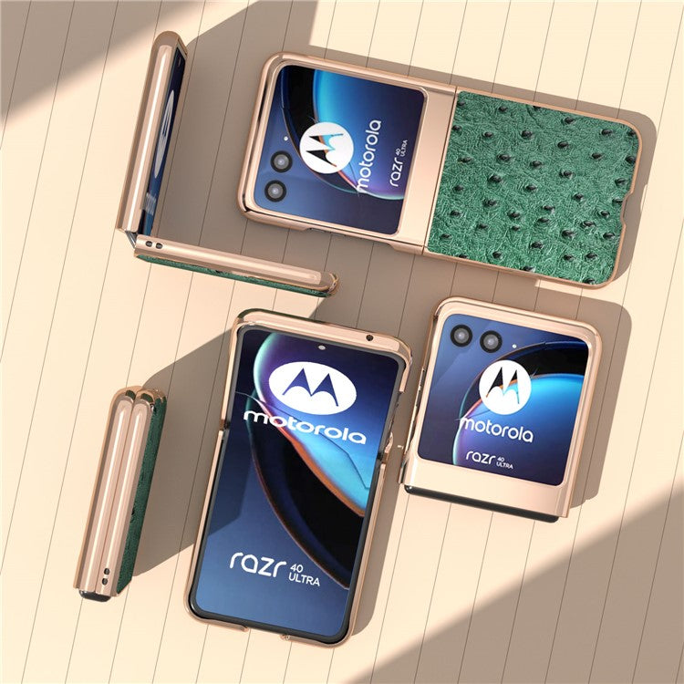 For Motorola Razr 40 Ultra 5G Shockproof Ostrich Texture Case Genuine Cow Leather + PC Electroplating Phone Cover - Green