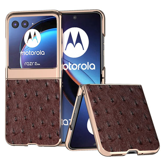 For Motorola Razr 40 Ultra 5G Shockproof Ostrich Texture Case Genuine Cow Leather + PC Electroplating Phone Cover - Coffee