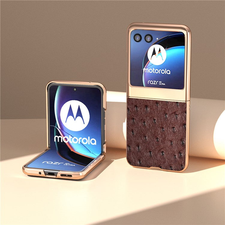 For Motorola Razr 40 Ultra 5G Shockproof Ostrich Texture Case Genuine Cow Leather + PC Electroplating Phone Cover - Coffee