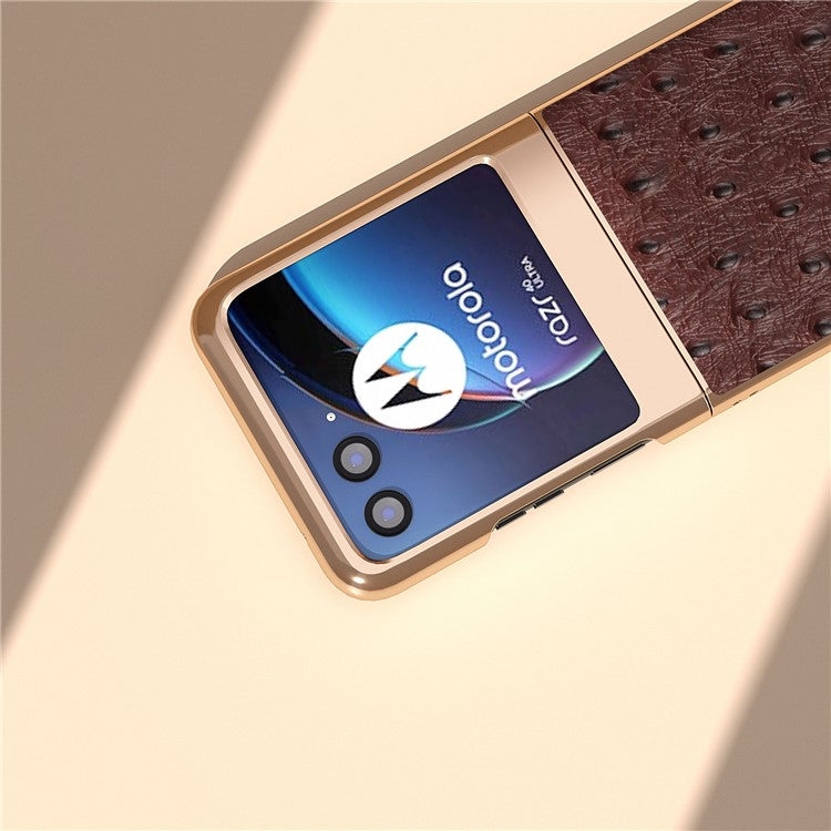 For Motorola Razr 40 Ultra 5G Shockproof Ostrich Texture Case Genuine Cow Leather + PC Electroplating Phone Cover - Coffee