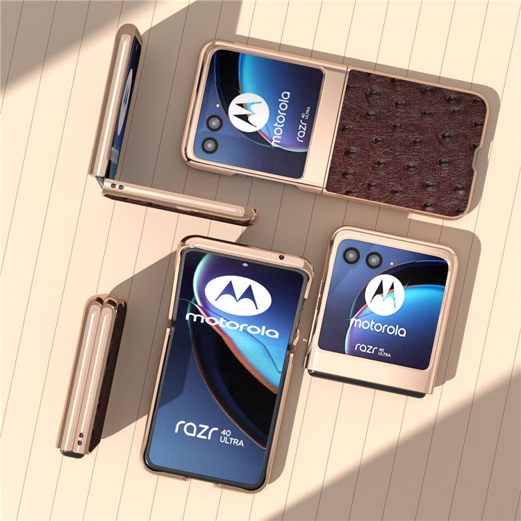 For Motorola Razr 40 Ultra 5G Shockproof Ostrich Texture Case Genuine Cow Leather + PC Electroplating Phone Cover - Coffee