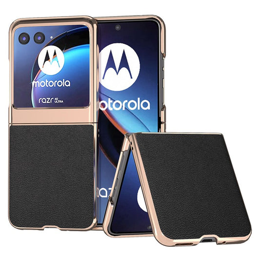 For Motorola Razr 40 Ultra 5G Electroplating Phone Case Genuine Cow Leather + PC Litchi Texture Cover - Black