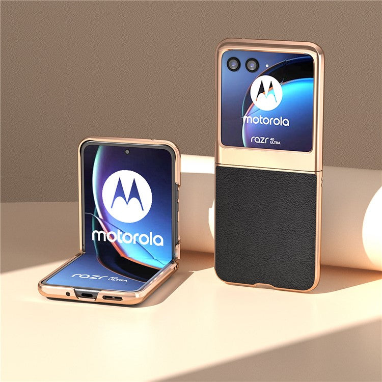 For Motorola Razr 40 Ultra 5G Electroplating Phone Case Genuine Cow Leather + PC Litchi Texture Cover - Black