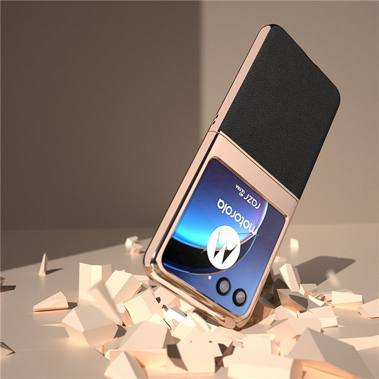 For Motorola Razr 40 Ultra 5G Electroplating Phone Case Genuine Cow Leather + PC Litchi Texture Cover - Black