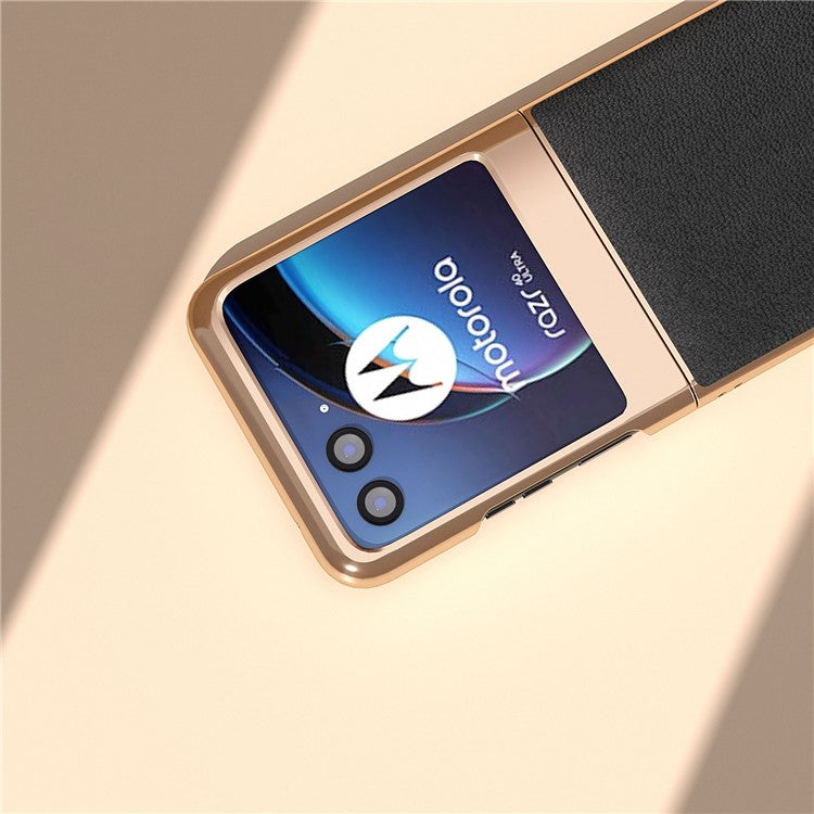 For Motorola Razr 40 Ultra 5G Electroplating Phone Case Genuine Cow Leather + PC Litchi Texture Cover - Black