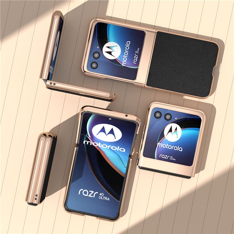 For Motorola Razr 40 Ultra 5G Electroplating Phone Case Genuine Cow Leather + PC Litchi Texture Cover - Black