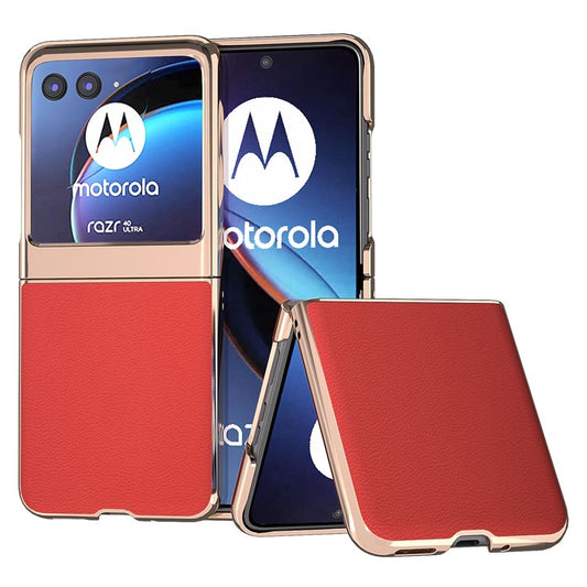 For Motorola Razr 40 Ultra 5G Electroplating Phone Case Genuine Cow Leather + PC Litchi Texture Cover - Red