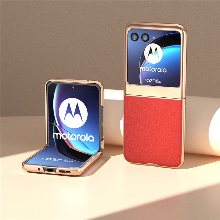 For Motorola Razr 40 Ultra 5G Electroplating Phone Case Genuine Cow Leather + PC Litchi Texture Cover - Red