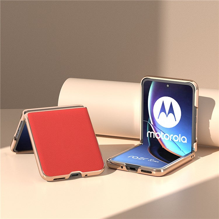 For Motorola Razr 40 Ultra 5G Electroplating Phone Case Genuine Cow Leather + PC Litchi Texture Cover - Red