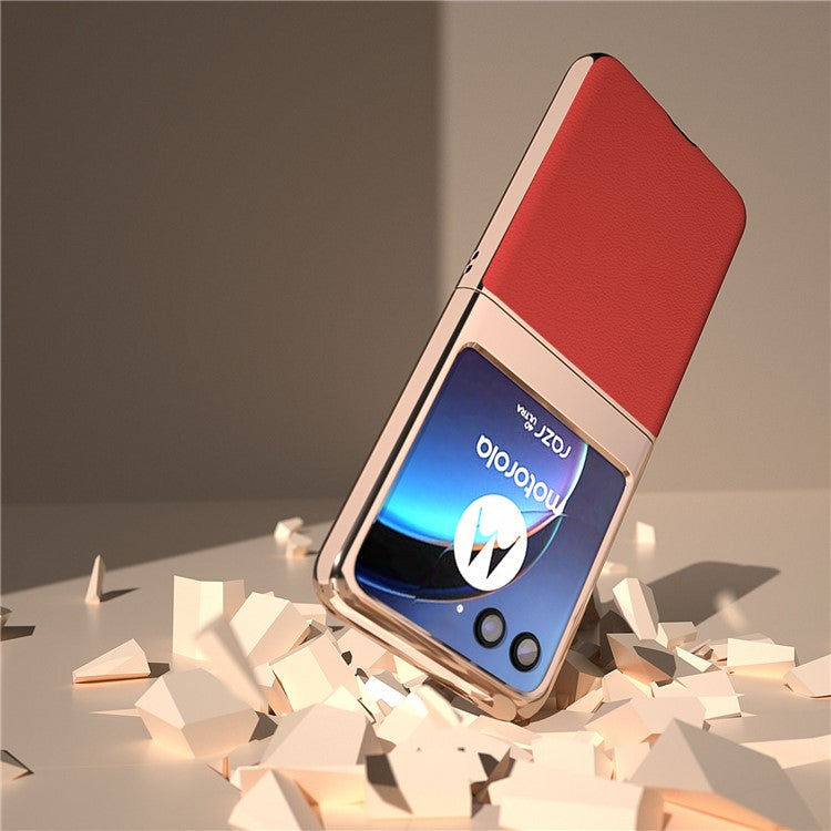 For Motorola Razr 40 Ultra 5G Electroplating Phone Case Genuine Cow Leather + PC Litchi Texture Cover - Red