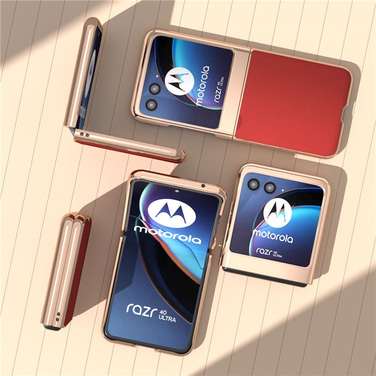 For Motorola Razr 40 Ultra 5G Electroplating Phone Case Genuine Cow Leather + PC Litchi Texture Cover - Red