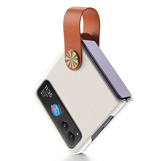 GKK For Motorola Razr 40 5G Strap Kickstand Phone Case PU Leather Coated Hard PC Protective Cover - White / Brown