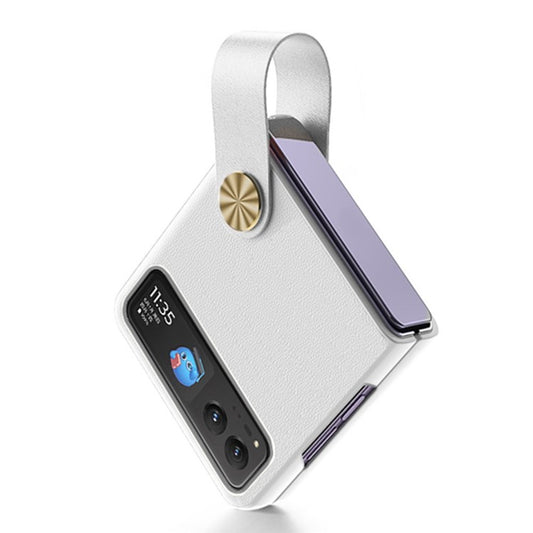 GKK For Motorola Razr 40 5G Strap Kickstand Phone Case PU Leather Coated Hard PC Protective Cover - White