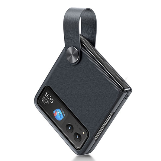 GKK For Motorola Razr 40 5G Strap Kickstand Phone Case PU Leather Coated Hard PC Protective Cover - Black