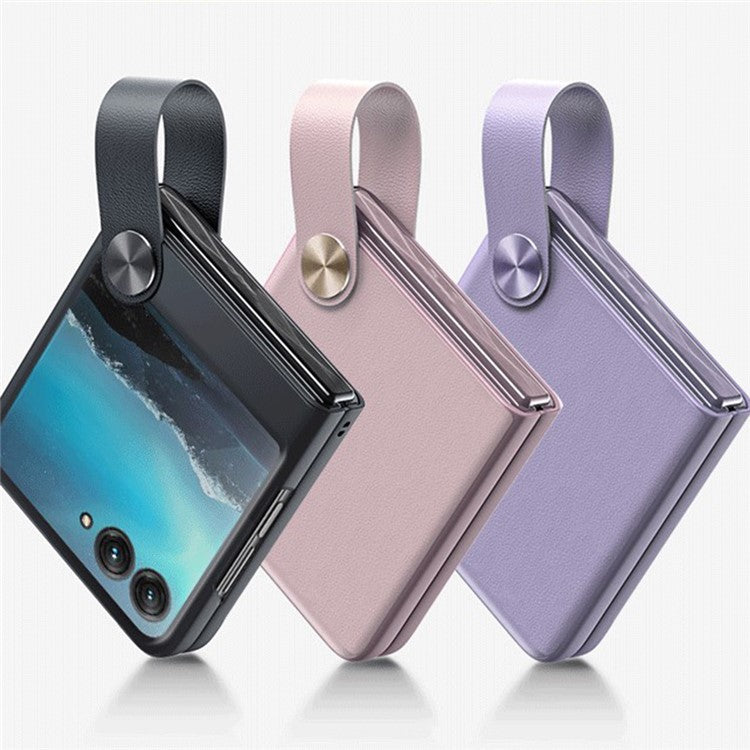GKK For Motorola Razr 40 5G Strap Kickstand Phone Case PU Leather Coated Hard PC Protective Cover - Purple