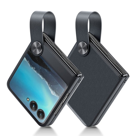 GKK Shockproof Phone Case for Motorola Razr 40 Ultra 5G PU Leather Coated Hard PC Phone Cover with Strap Kickstand - Black