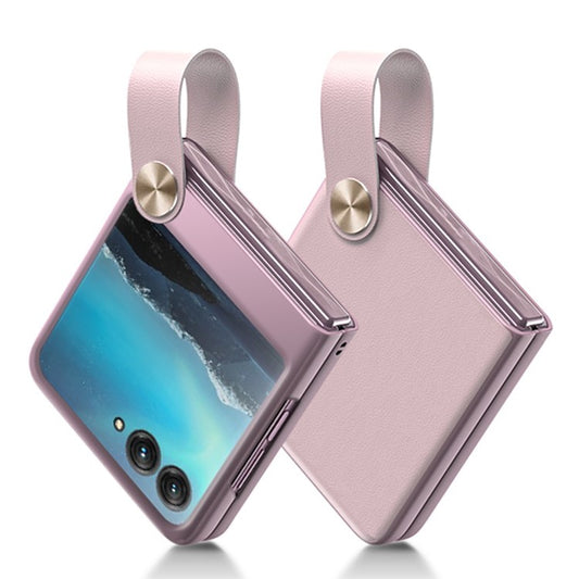 GKK Shockproof Phone Case for Motorola Razr 40 Ultra 5G PU Leather Coated Hard PC Phone Cover with Strap Kickstand - Pink