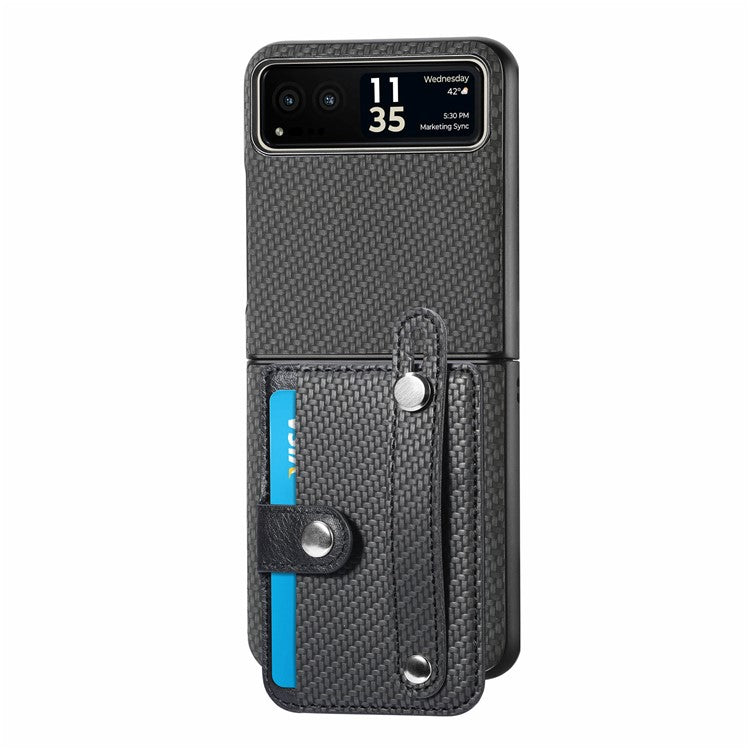 PU Leather+PC Phone Case for Motorola Razr 40 5G , Carbon Fiber Texture Wristband Kickstand Cover - Black