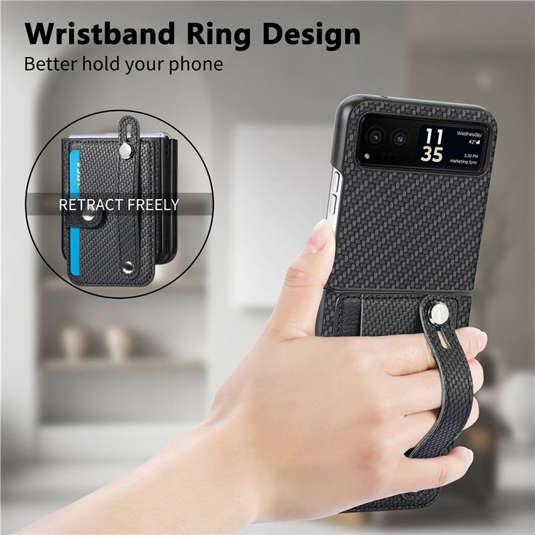 PU Leather+PC Phone Case for Motorola Razr 40 5G , Carbon Fiber Texture Wristband Kickstand Cover - Black