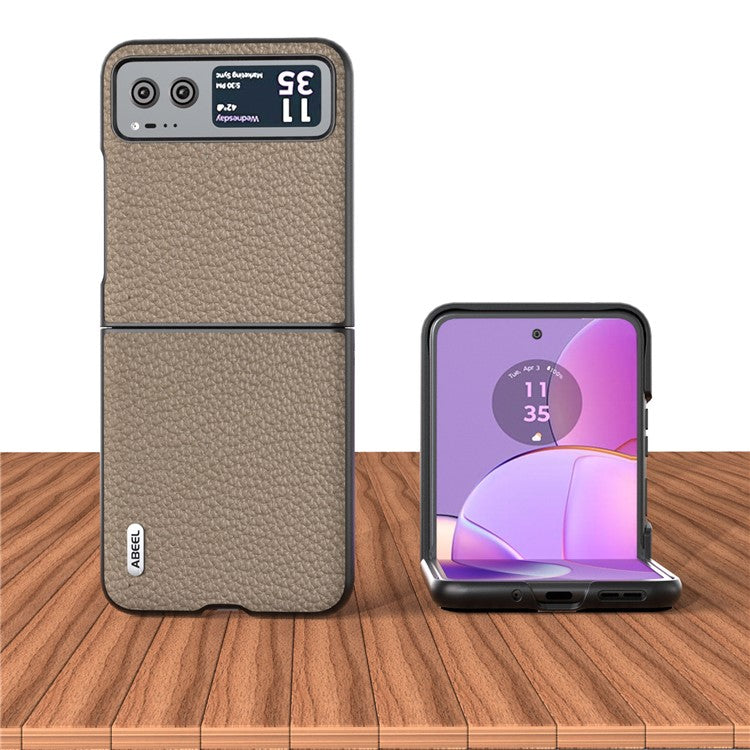 ABEEL For Motorola Razr 40 5G Anti-scratch Phone Case Litchi Texture Cowhide Leather Coated PC Cover - Khaki
