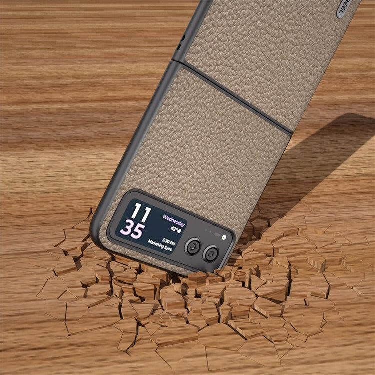 ABEEL For Motorola Razr 40 5G Anti-scratch Phone Case Litchi Texture Cowhide Leather Coated PC Cover - Khaki
