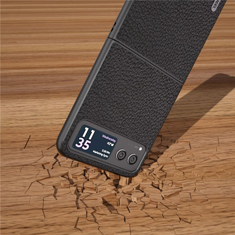 ABEEL For Motorola Razr 40 5G Anti-scratch Phone Case Litchi Texture Cowhide Leather Coated PC Cover - Black