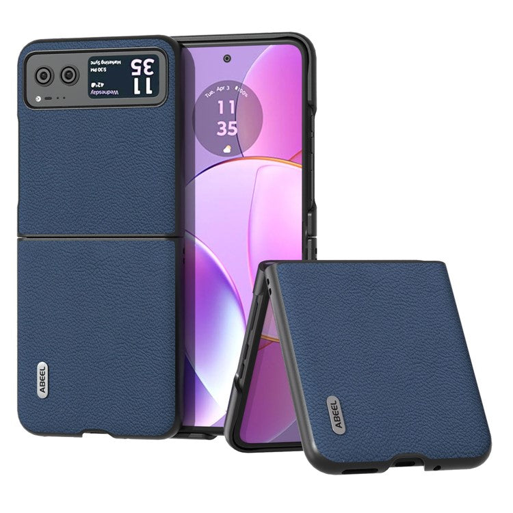 ABEEL For Motorola Razr 40 5G Cowhide Leather Coated PC Case Litchi Texture Phone Cover - Blue