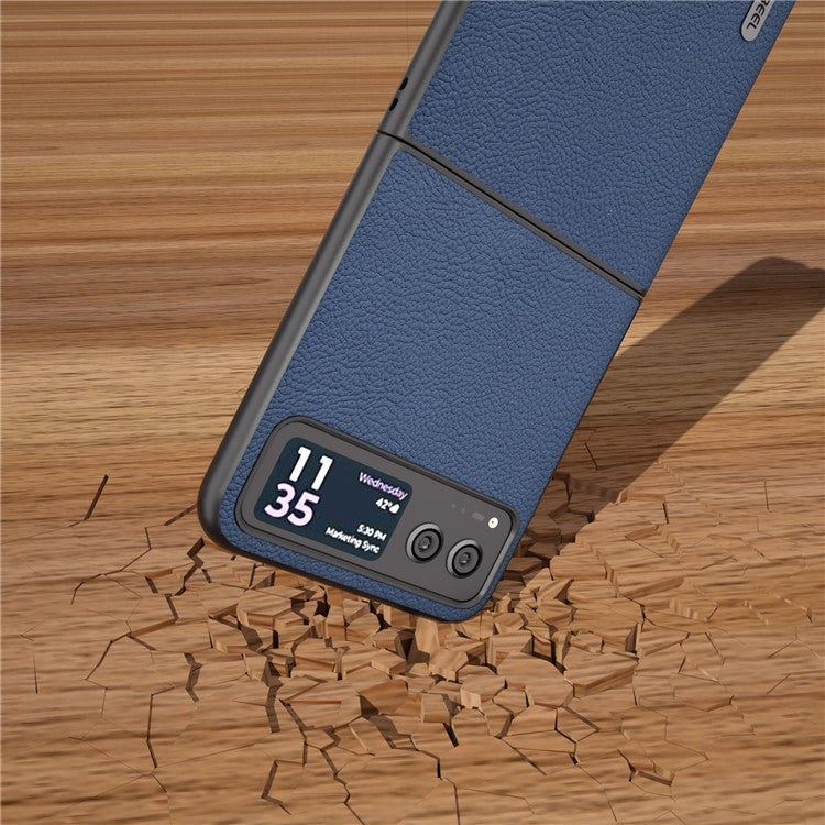 ABEEL For Motorola Razr 40 5G Cowhide Leather Coated PC Case Litchi Texture Phone Cover - Blue