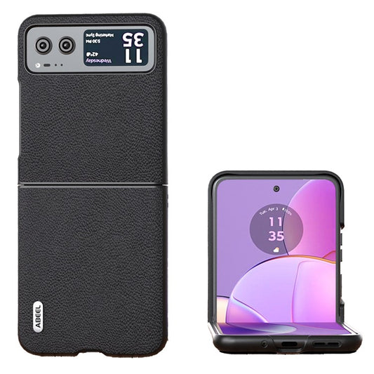 ABEEL For Motorola Razr 40 5G Cowhide Leather Coated PC Case Litchi Texture Phone Cover - Black
