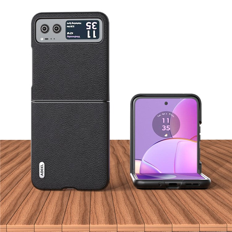 ABEEL For Motorola Razr 40 5G Cowhide Leather Coated PC Case Litchi Texture Phone Cover - Black