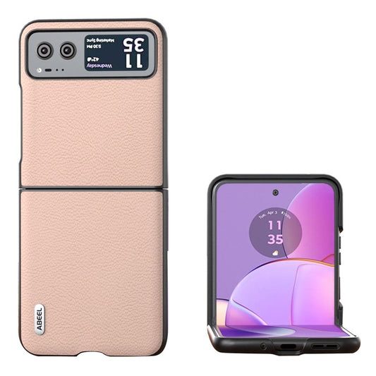 ABEEL For Motorola Razr 40 5G Cowhide Leather Coated PC Case Litchi Texture Phone Cover - Pink