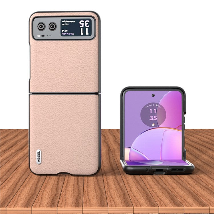 ABEEL For Motorola Razr 40 5G Cowhide Leather Coated PC Case Litchi Texture Phone Cover - Pink