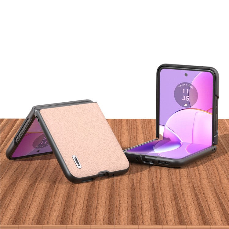 ABEEL For Motorola Razr 40 5G Cowhide Leather Coated PC Case Litchi Texture Phone Cover - Pink
