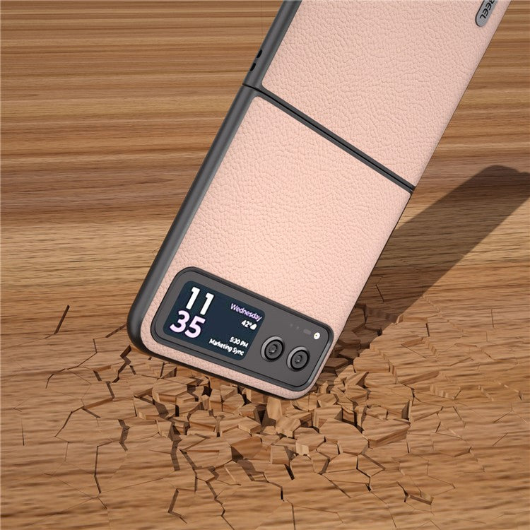 ABEEL For Motorola Razr 40 5G Cowhide Leather Coated PC Case Litchi Texture Phone Cover - Pink