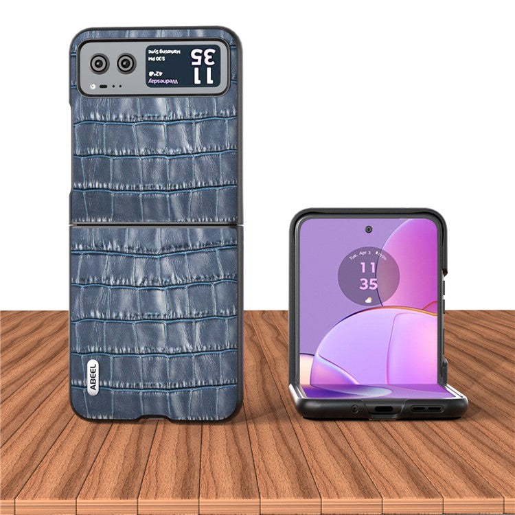 ABEEL Crocodile Texture Phone Case for Motorola Razr 40 5G Cowhide Leather Coated PC Cover - Blue