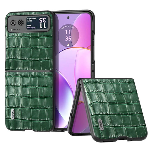 ABEEL Crocodile Texture Phone Case for Motorola Razr 40 5G Cowhide Leather Coated PC Cover - Green