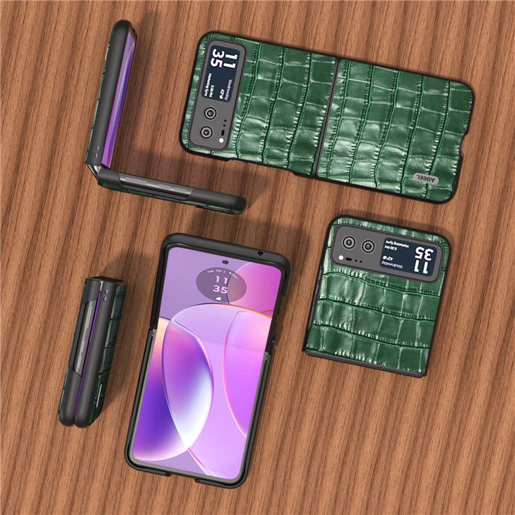 ABEEL Crocodile Texture Phone Case for Motorola Razr 40 5G Cowhide Leather Coated PC Cover - Green