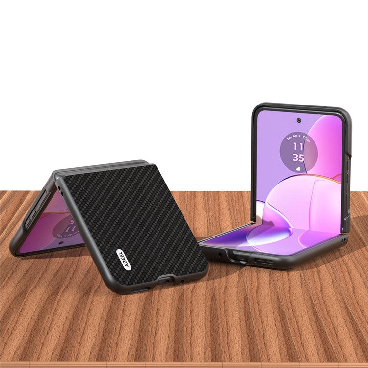 ABEEL Phone Case for Motorola Razr 40 5G Carbon Fiber Texture PU Leather Coated PC Cover - Black